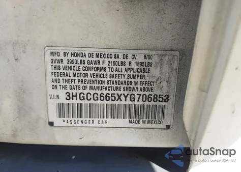 2000 Honda Accord 2.3 Lx из США, поврежденный, VIN 3HGCG665XYG706853